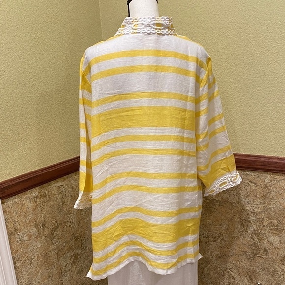 Charter Club NWT 100% Linen Tunic Top Yellow White Stripe Lace Trim V Neck Sz 2X - Picture 6 of 12